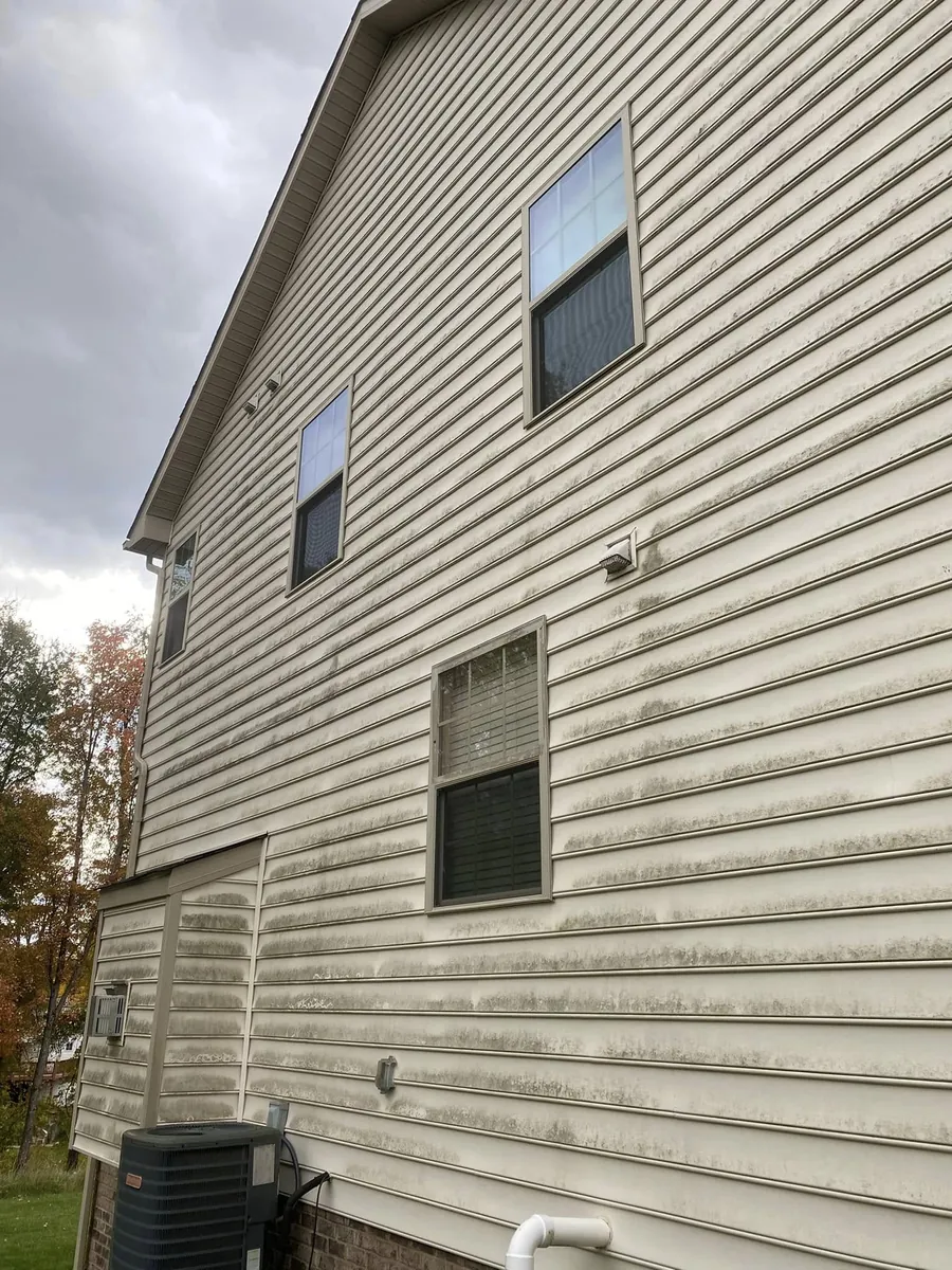 Two-story house with vinyl siding before house washing, showing dark streaks and dirt
